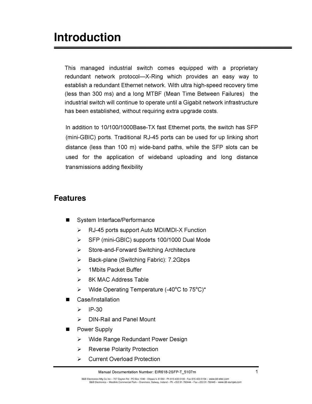 B&B Electronics EIR618-2SFP-T manual Introduction, Features 