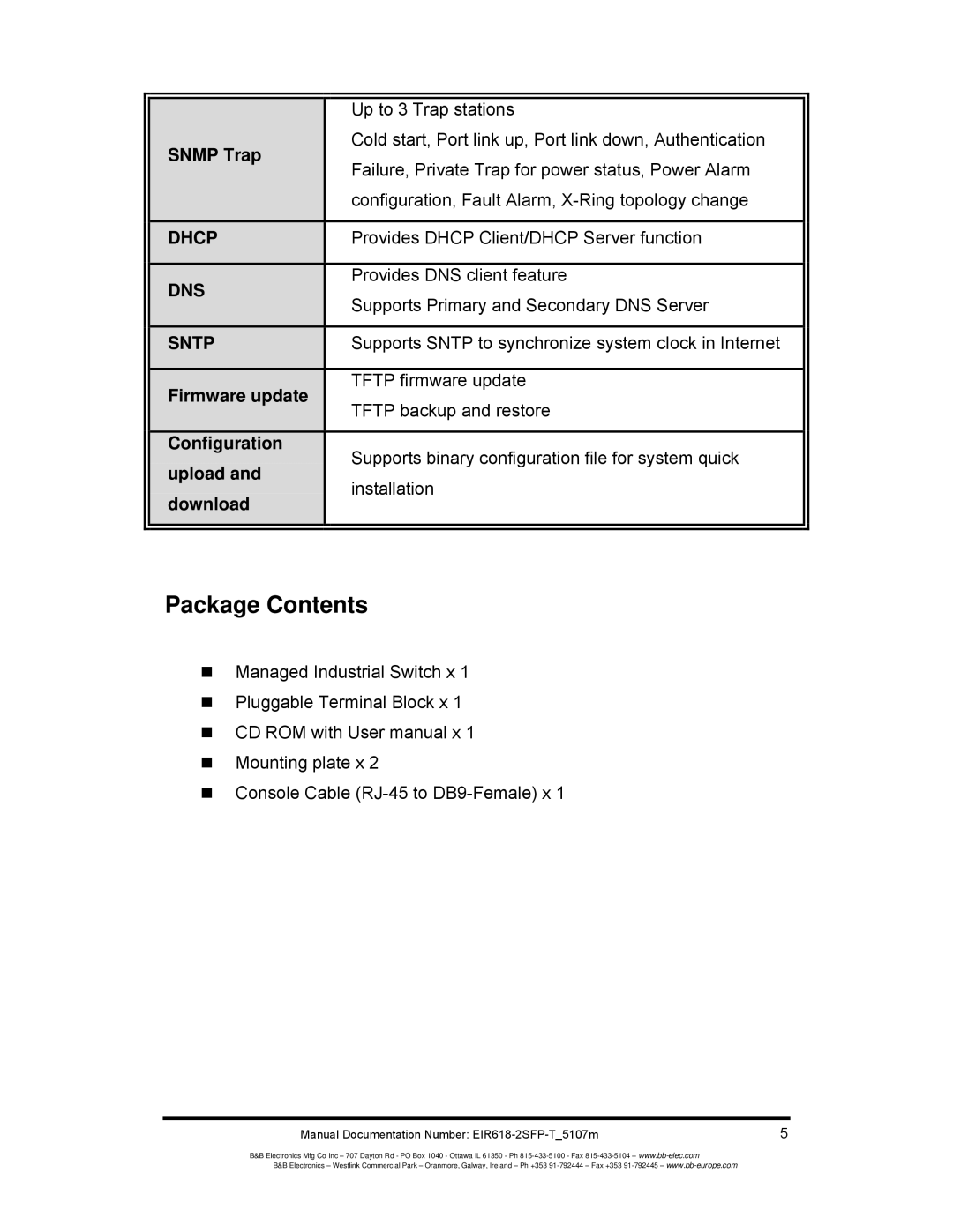 B&B Electronics EIR618-2SFP-T manual Package Contents 