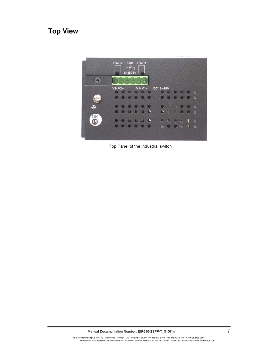 B&B Electronics EIR618-2SFP-T manual Top View, Top Panel of the industrial switch 