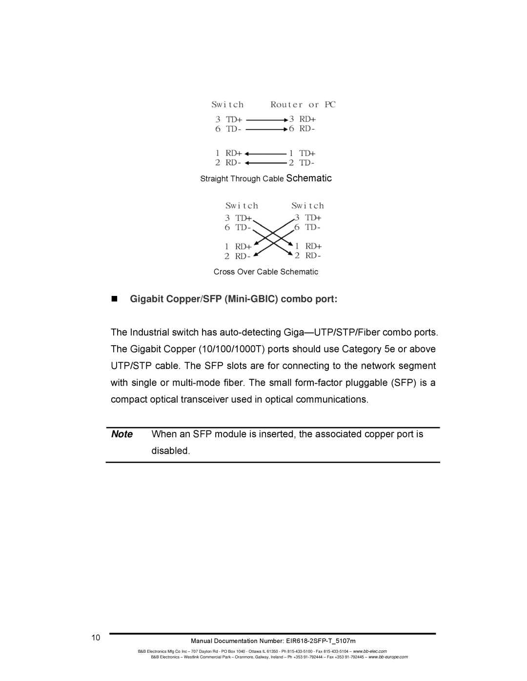 B&B Electronics EIR618-2SFP-T manual „ Gigabit Copper/SFP Mini-GBIC combo port 