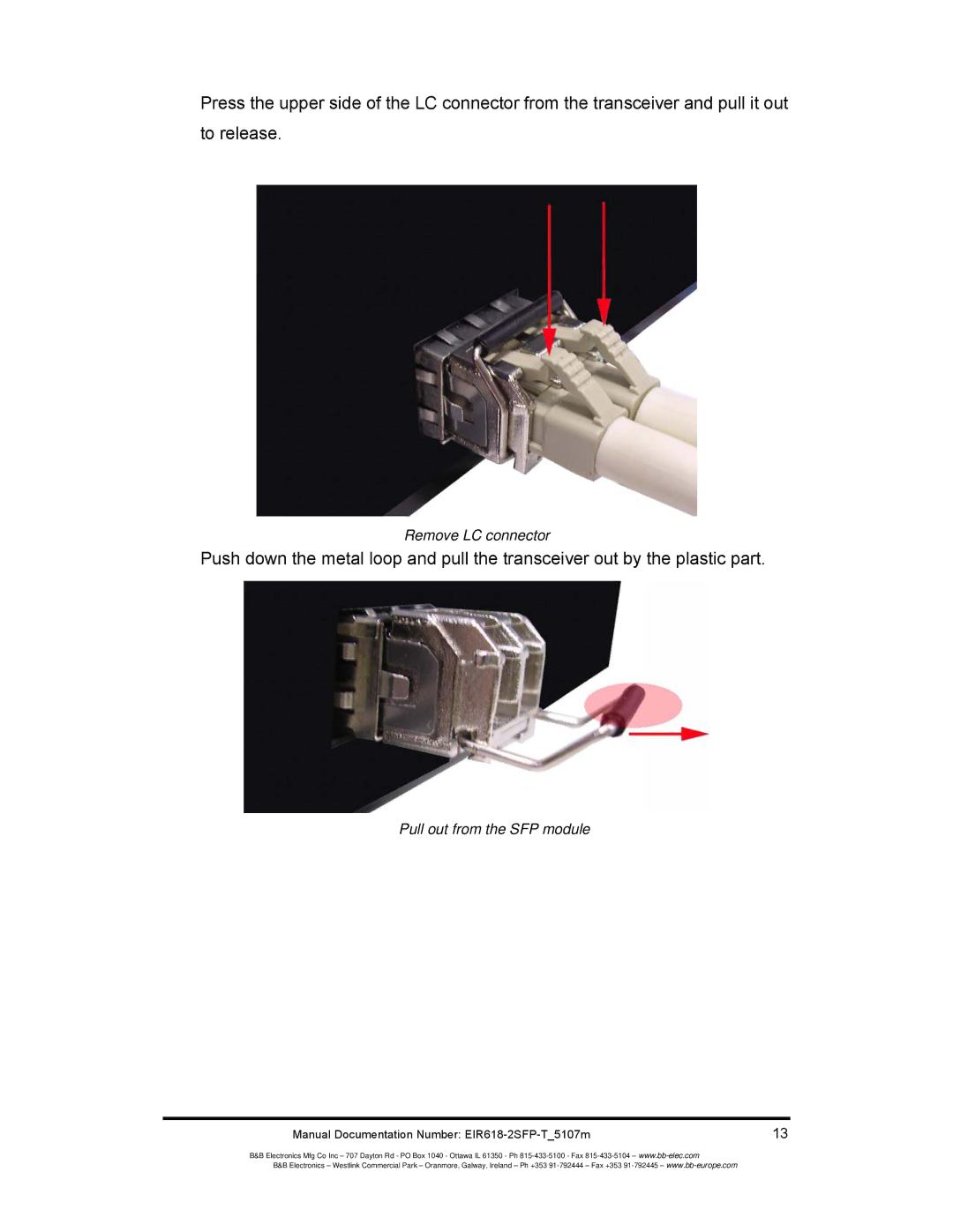 B&B Electronics EIR618-2SFP-T manual Remove LC connector 