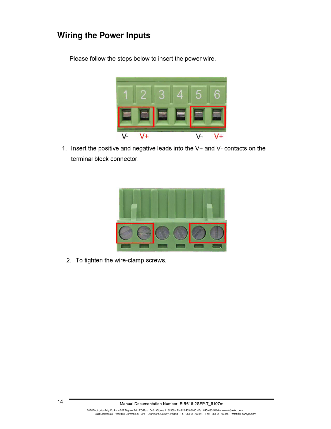 B&B Electronics EIR618-2SFP-T manual Wiring the Power Inputs 