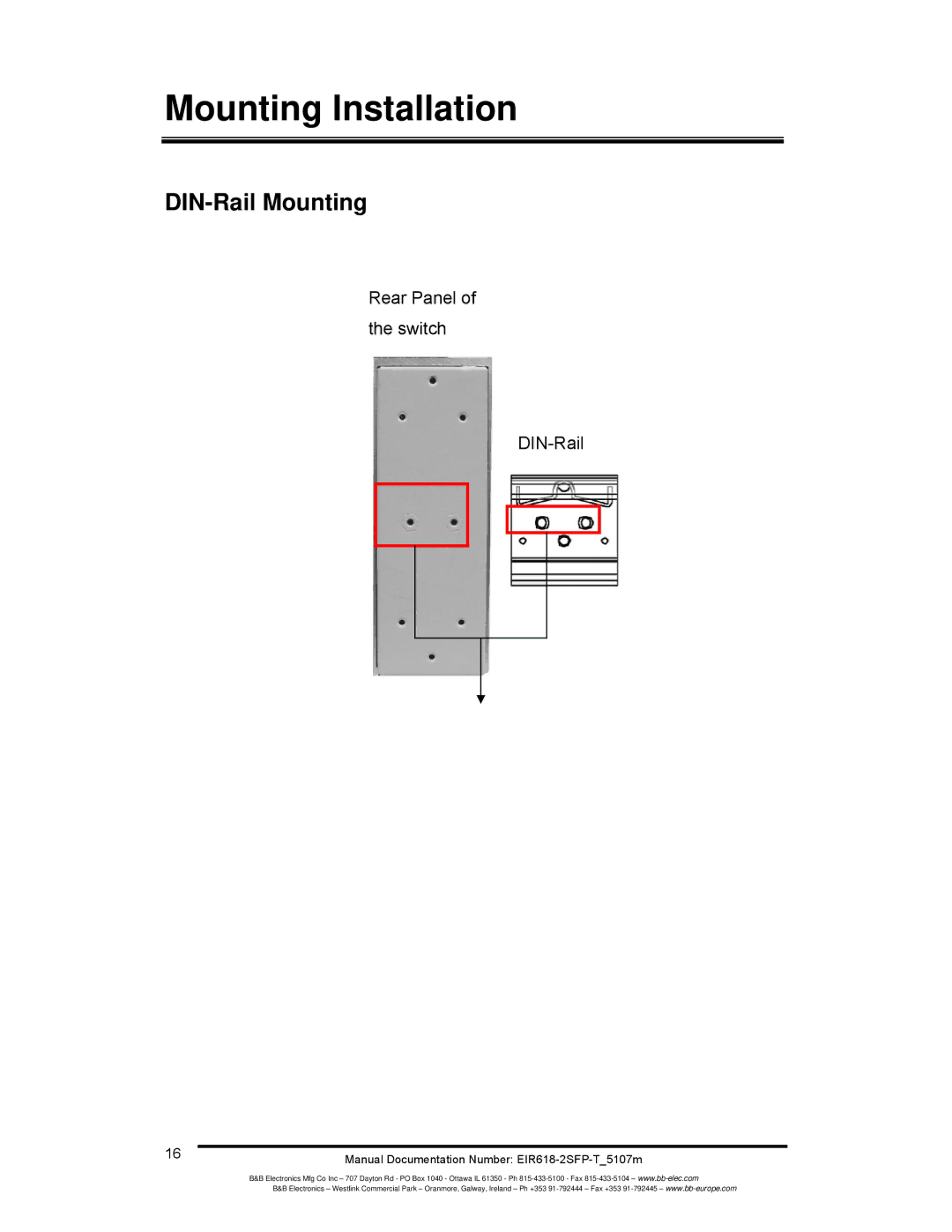 B&B Electronics EIR618-2SFP-T manual DIN-Rail Mounting, Rear Panel of the switch DIN-Rail 