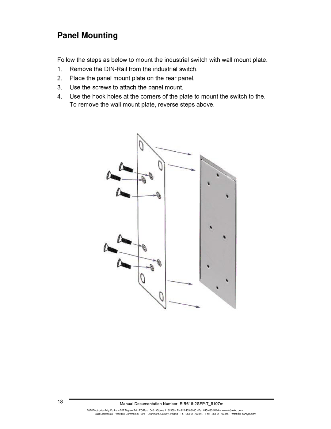 B&B Electronics EIR618-2SFP-T manual Panel Mounting 