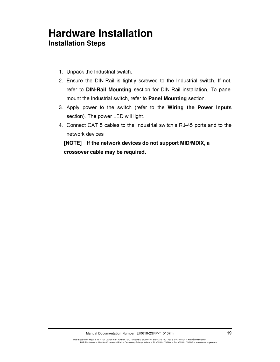 B&B Electronics EIR618-2SFP-T manual Hardware Installation, Installation Steps 