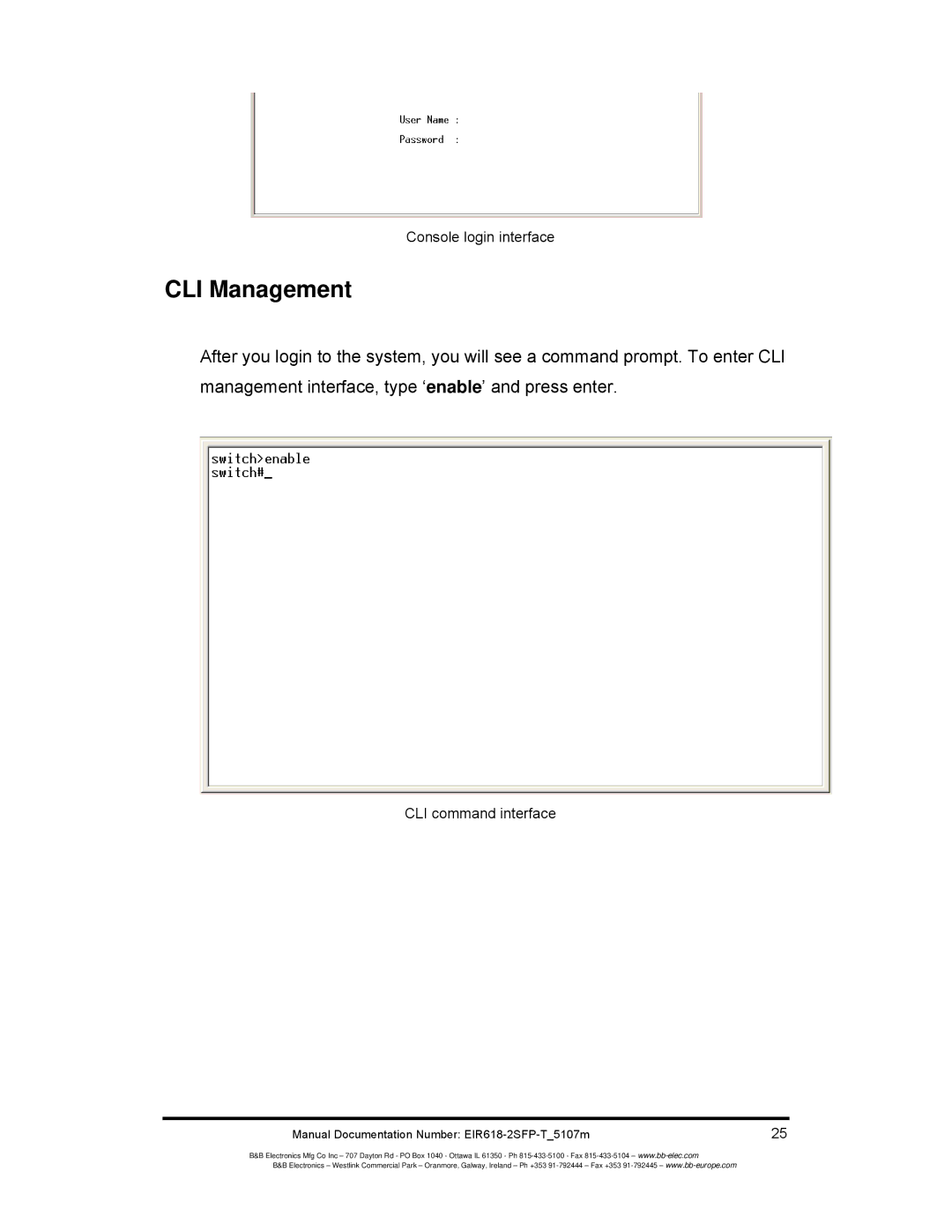 B&B Electronics EIR618-2SFP-T manual CLI Management, Console login interface, CLI command interface 