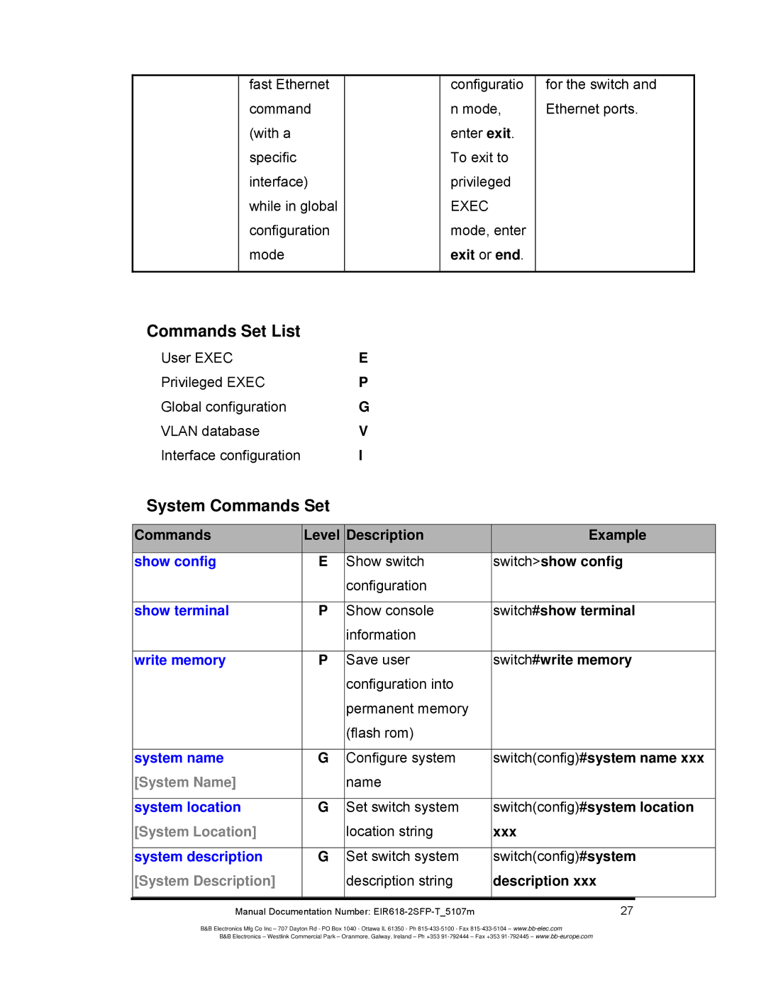 B&B Electronics EIR618-2SFP-T Commands Set List, System Commands Set, System Name, System Location, System Description 