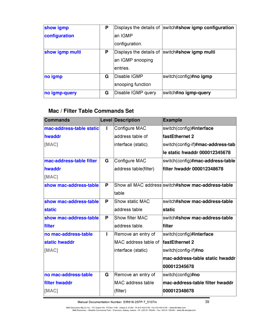 B&B Electronics EIR618-2SFP-T manual Mac / Filter Table Commands Set 