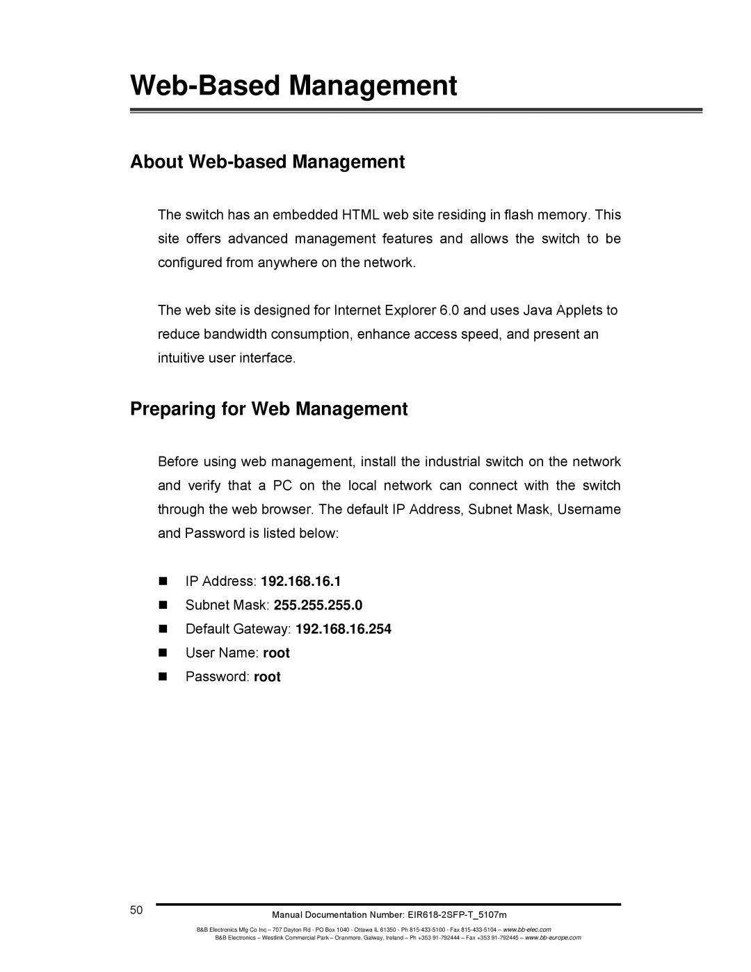 B&B Electronics EIR618-2SFP-T manual About Web-based Management, Preparing for Web Management 