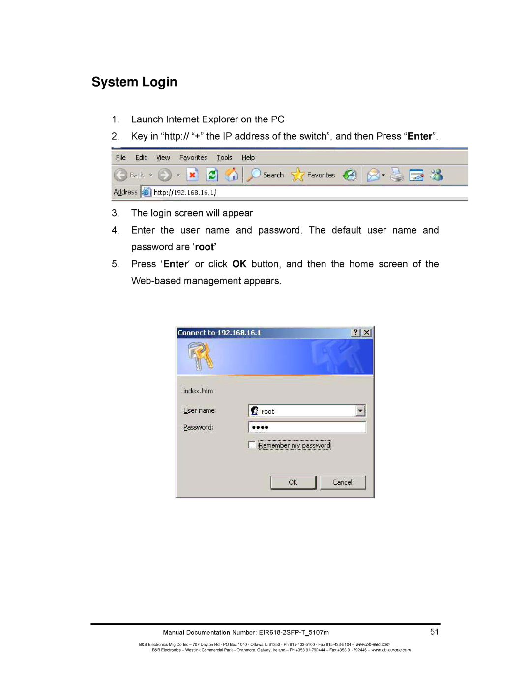 B&B Electronics EIR618-2SFP-T manual System Login 