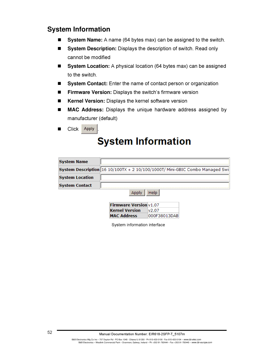 B&B Electronics EIR618-2SFP-T manual System Information, System information interface 