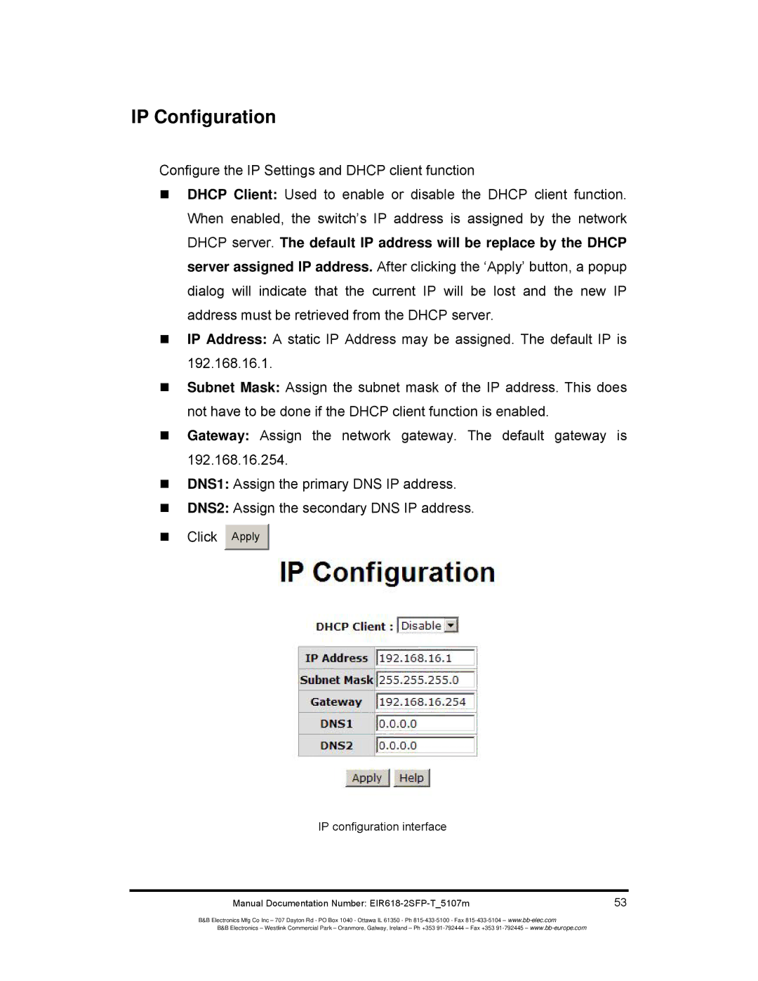 B&B Electronics EIR618-2SFP-T manual IP Configuration, IP configuration interface 