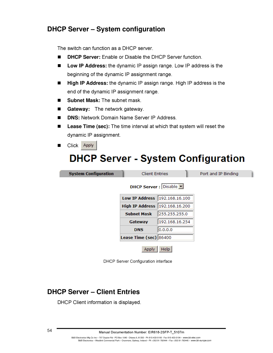 B&B Electronics EIR618-2SFP-T manual Dhcp Server System configuration, Dhcp Server Client Entries 