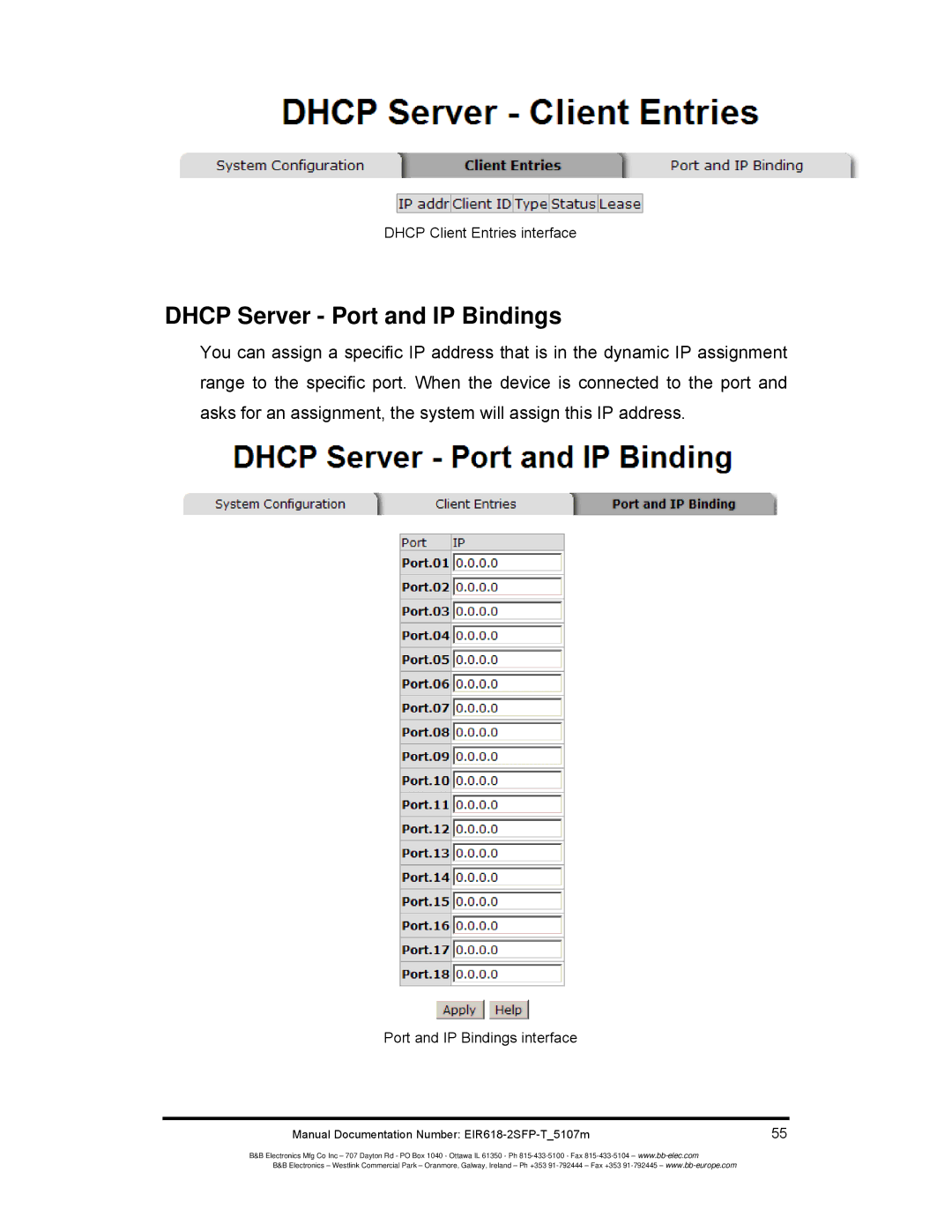 B&B Electronics EIR618-2SFP-T manual Dhcp Server Port and IP Bindings, Dhcp Client Entries interface 