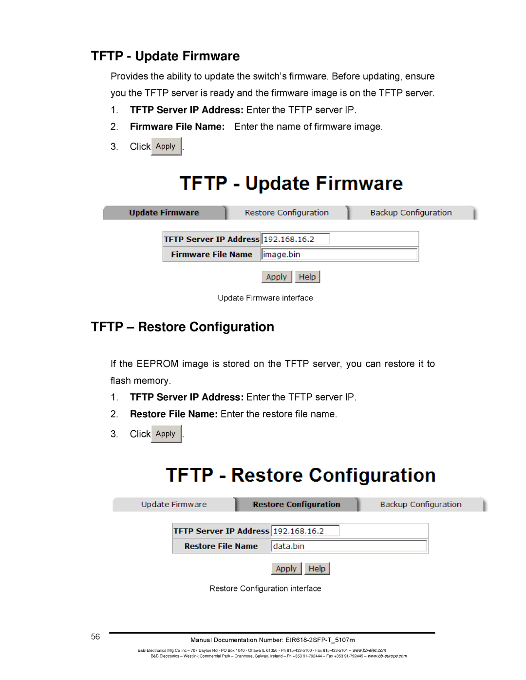 B&B Electronics EIR618-2SFP-T manual Tftp Update Firmware, Tftp Restore Configuration, Update Firmware interface 