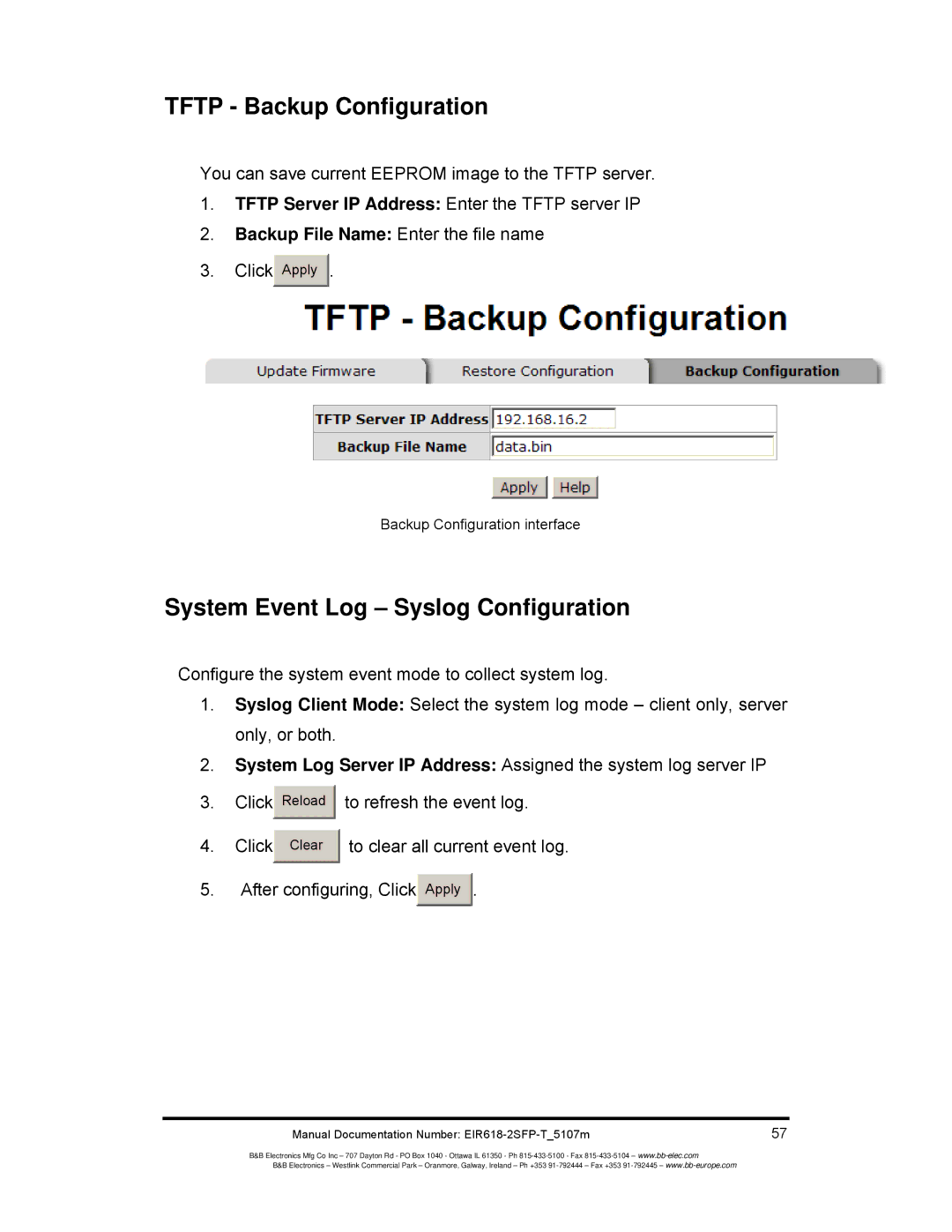 B&B Electronics EIR618-2SFP-T manual Tftp Backup Configuration, System Event Log Syslog Configuration 