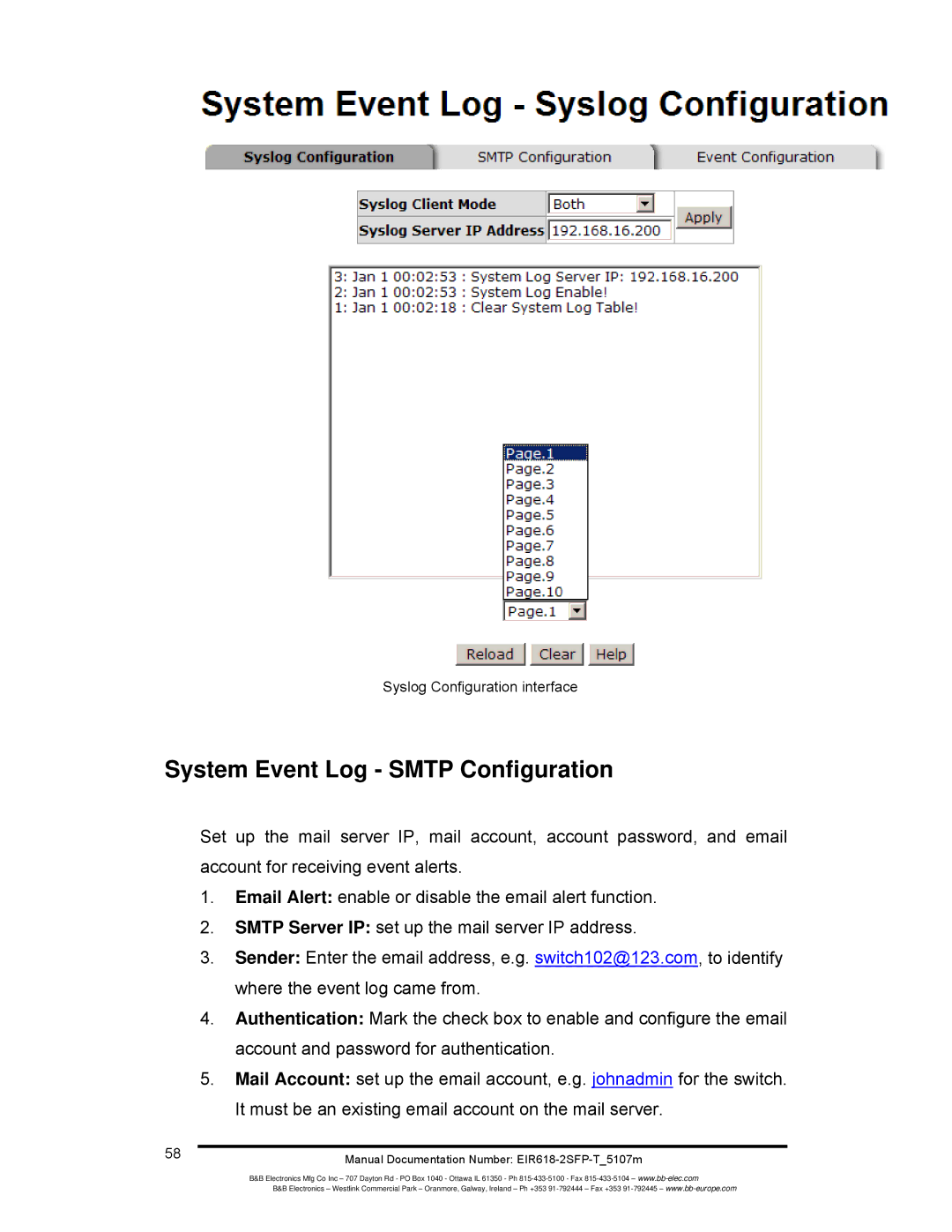 B&B Electronics EIR618-2SFP-T manual System Event Log Smtp Configuration, Syslog Configuration interface 