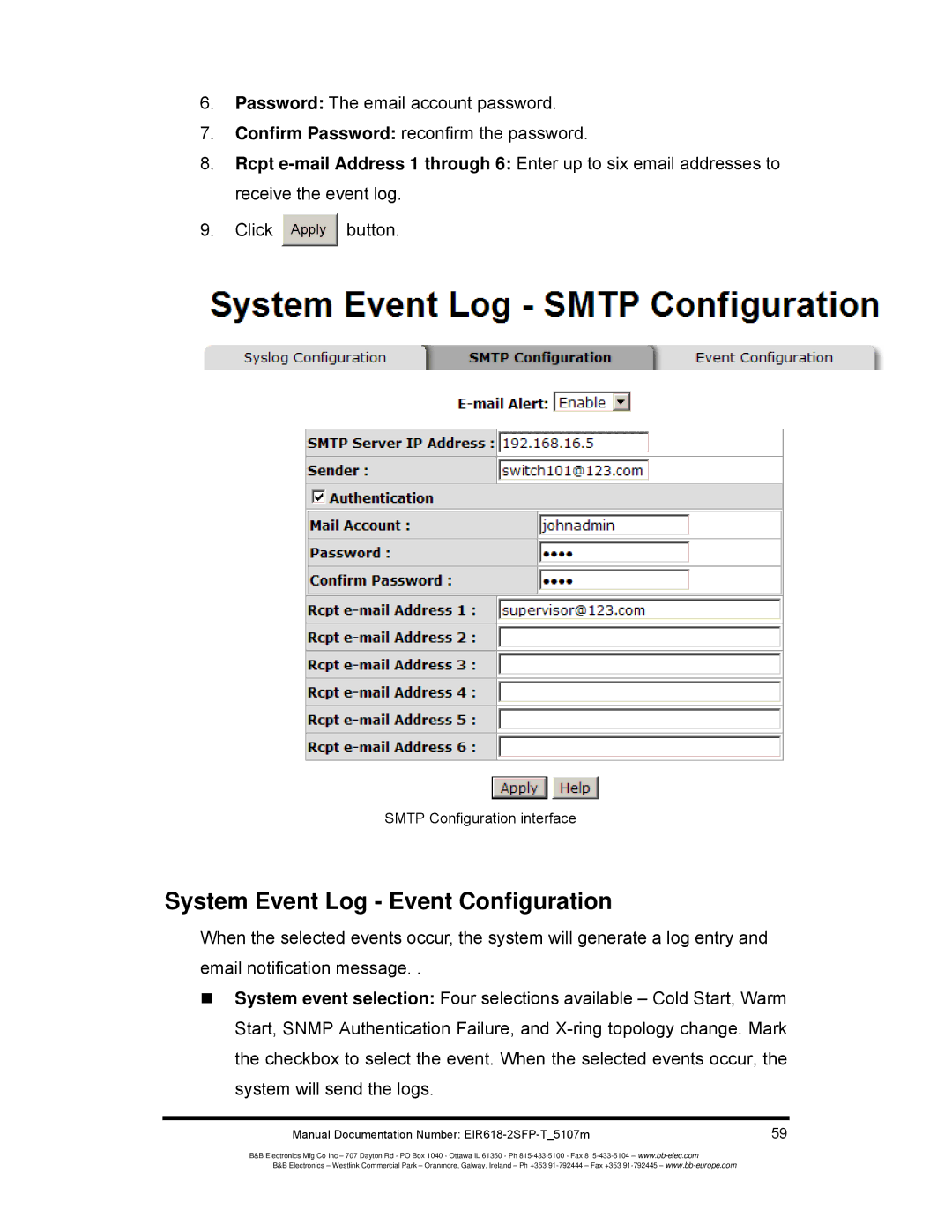 B&B Electronics EIR618-2SFP-T manual System Event Log Event Configuration, Smtp Configuration interface 