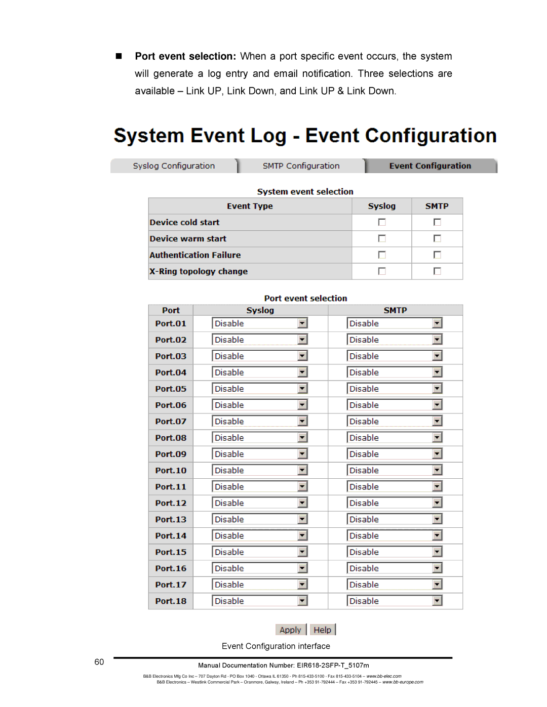 B&B Electronics EIR618-2SFP-T manual Event Configuration interface 