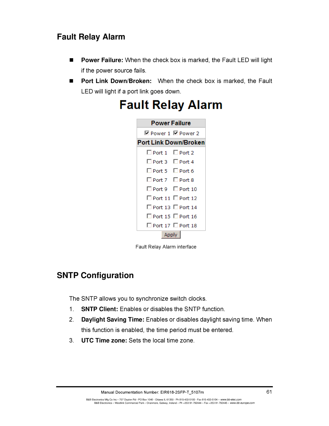 B&B Electronics EIR618-2SFP-T manual Sntp Configuration, Fault Relay Alarm interface 