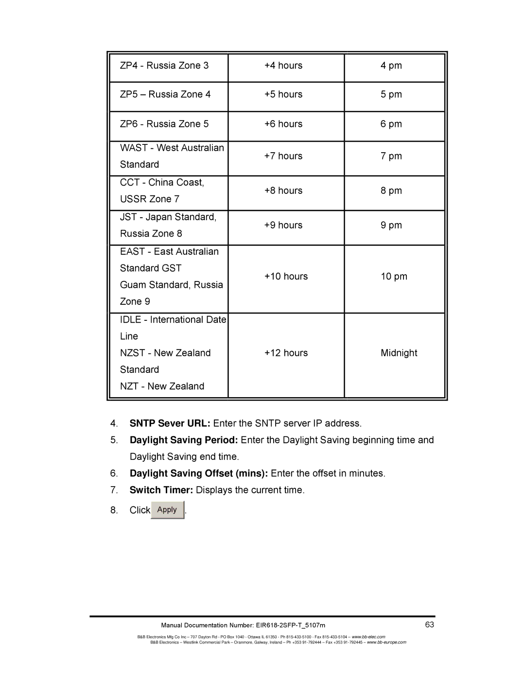 B&B Electronics EIR618-2SFP-T manual Daylight Saving Offset mins Enter the offset in minutes 