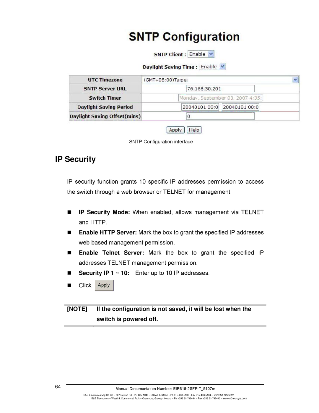 B&B Electronics EIR618-2SFP-T manual IP Security, Sntp Configuration interface 