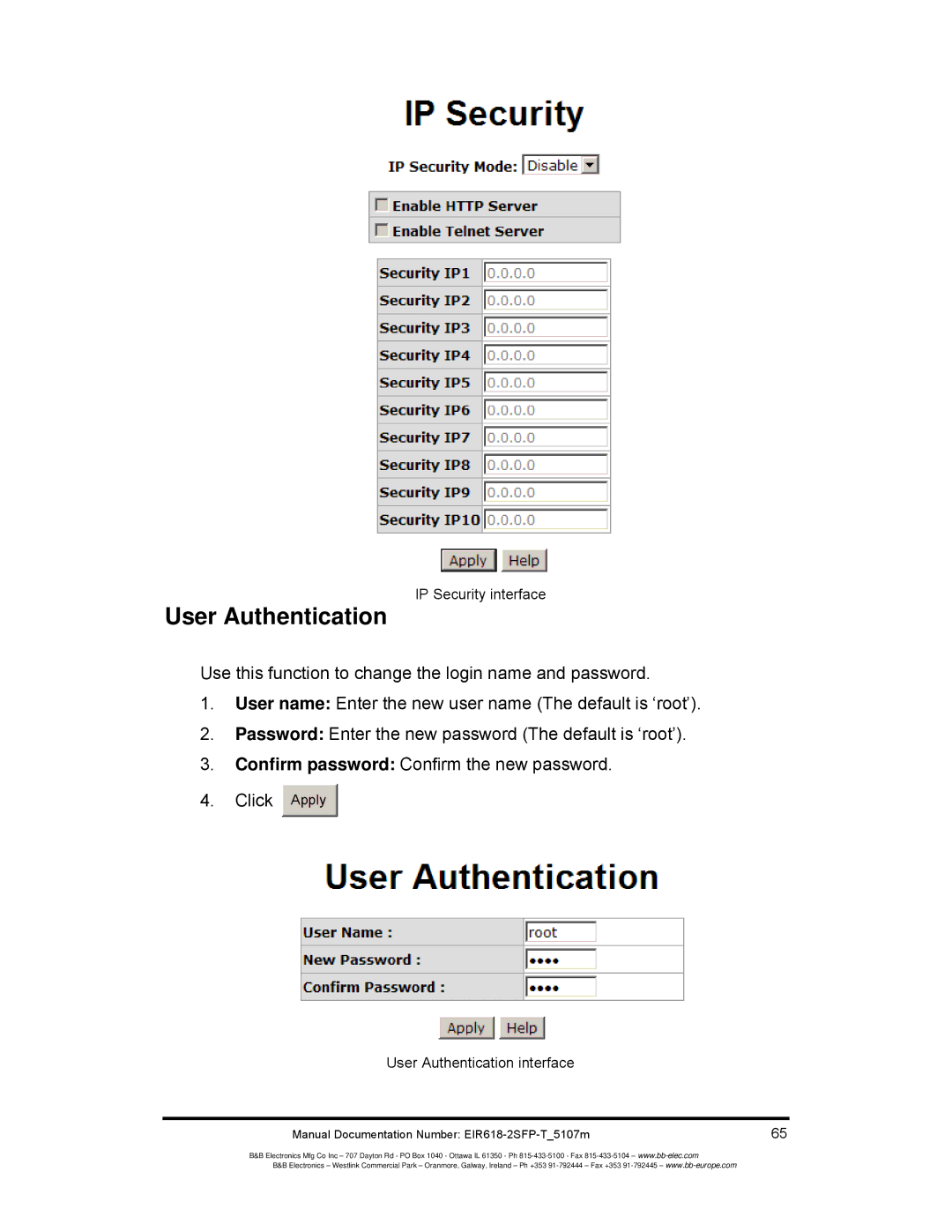 B&B Electronics EIR618-2SFP-T manual IP Security interface, User Authentication interface 