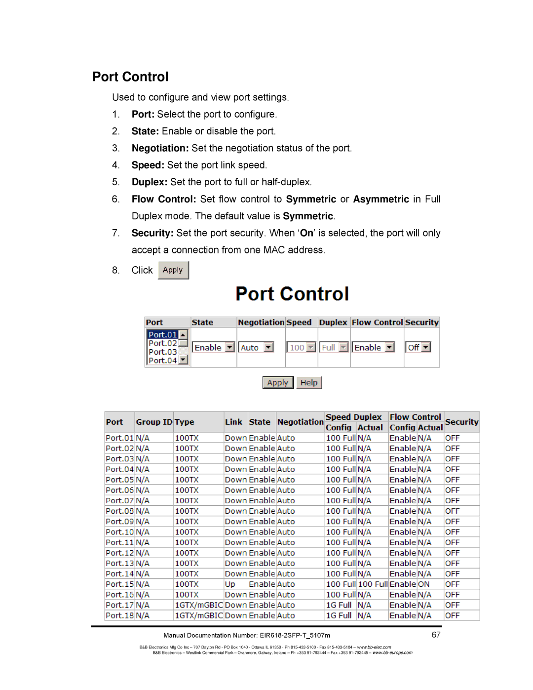 B&B Electronics EIR618-2SFP-T manual Port Control 