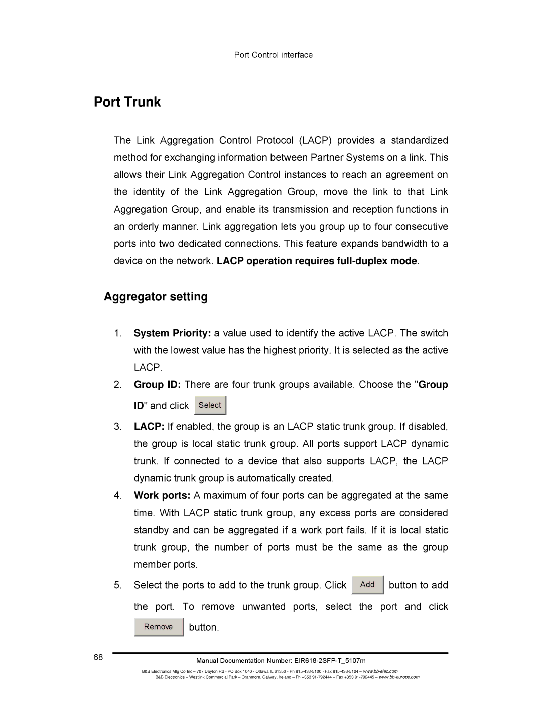 B&B Electronics EIR618-2SFP-T manual Port Trunk, Aggregator setting, Button to add 