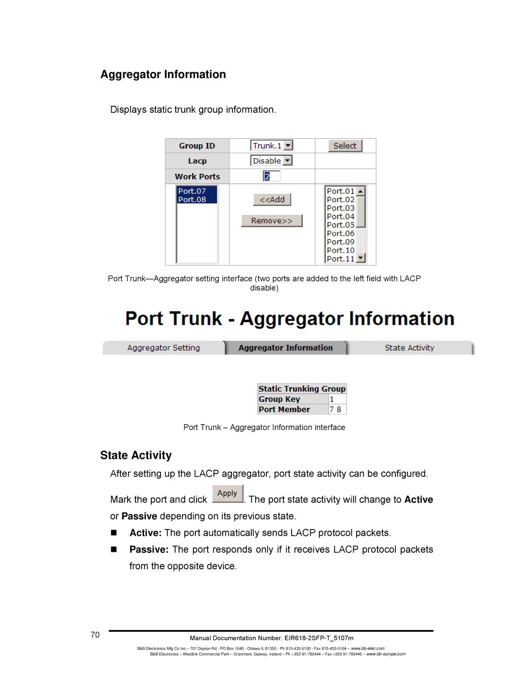 B&B Electronics EIR618-2SFP-T manual Aggregator Information, State Activity, Displays static trunk group information 