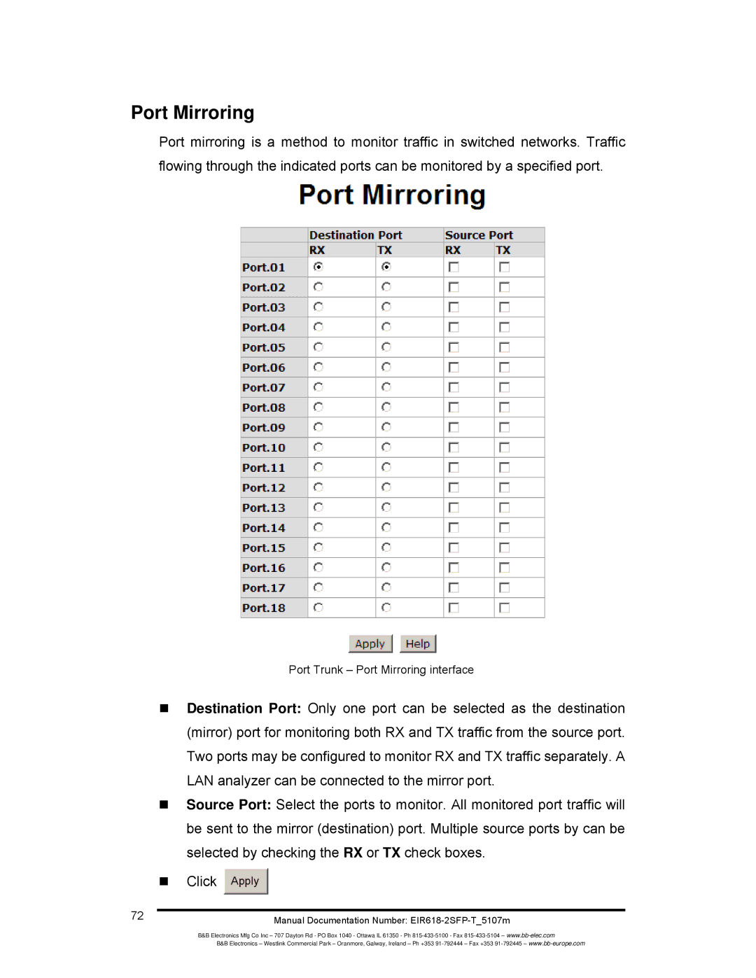 B&B Electronics EIR618-2SFP-T manual Port Trunk Port Mirroring interface 