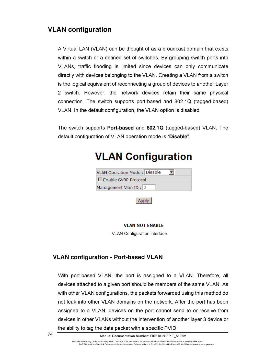 B&B Electronics EIR618-2SFP-T manual Vlan configuration Port-based Vlan, Vlan Configuration interface 