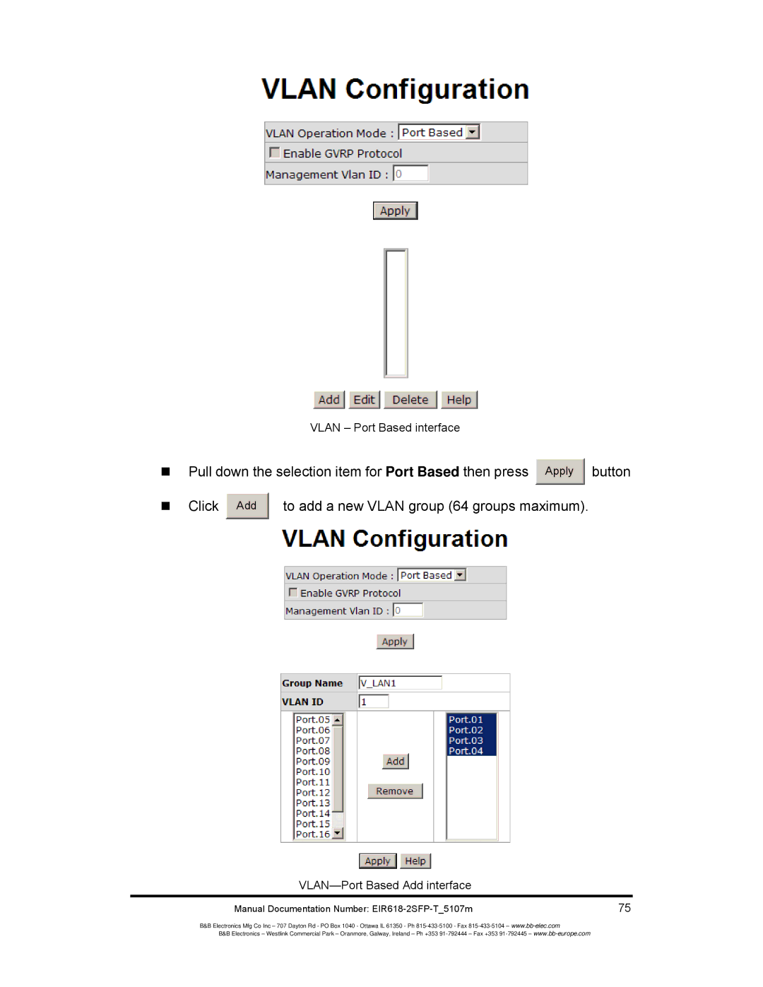 B&B Electronics EIR618-2SFP-T manual Vlan Port Based interface, VLAN-Port Based Add interface 