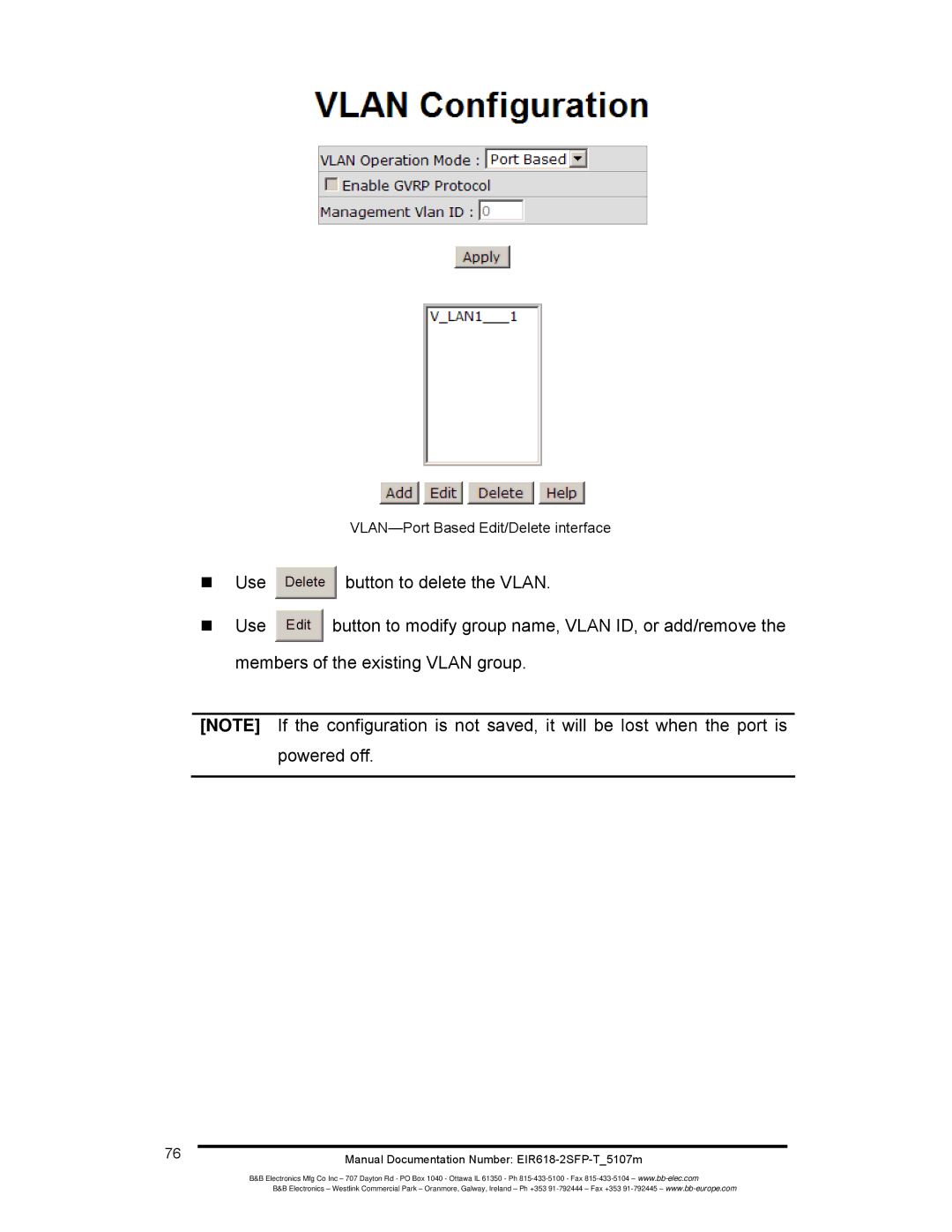 B&B Electronics EIR618-2SFP-T manual Use Button to delete the Vlan, Use Button to modify group name, Vlan ID, or add/remove 