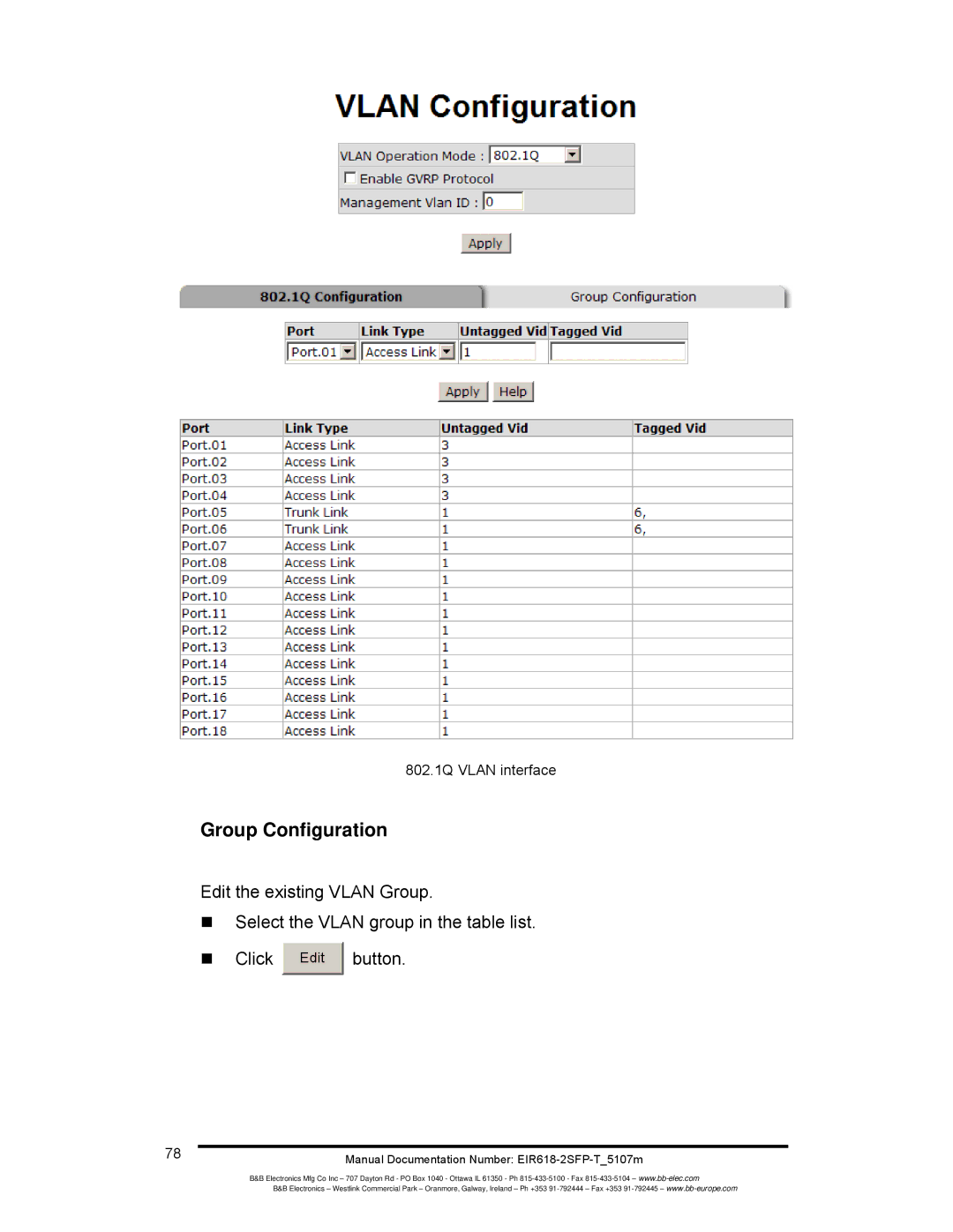 B&B Electronics EIR618-2SFP-T manual Group Configuration, 802.1Q Vlan interface 