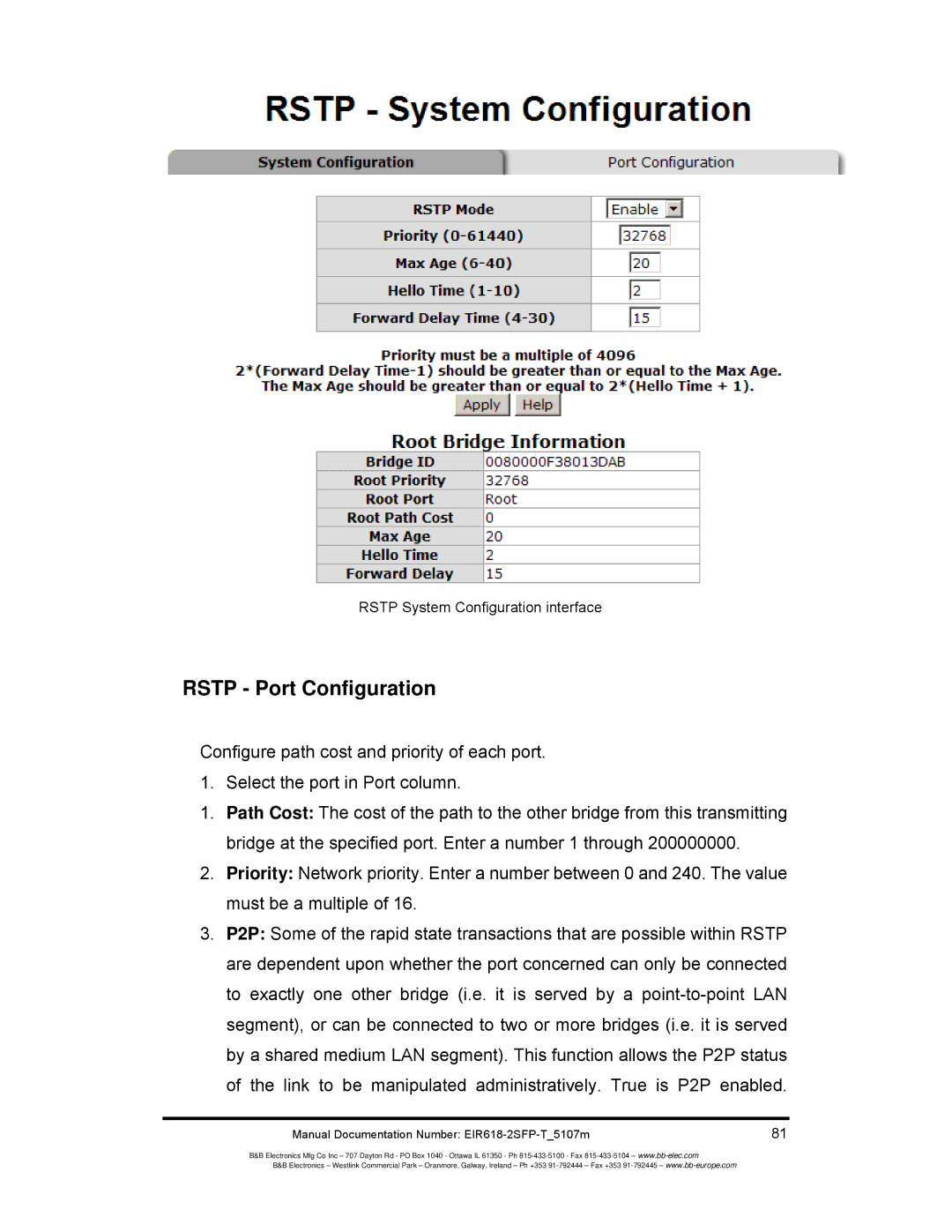 B&B Electronics EIR618-2SFP-T manual Rstp Port Configuration, Rstp System Configuration interface 