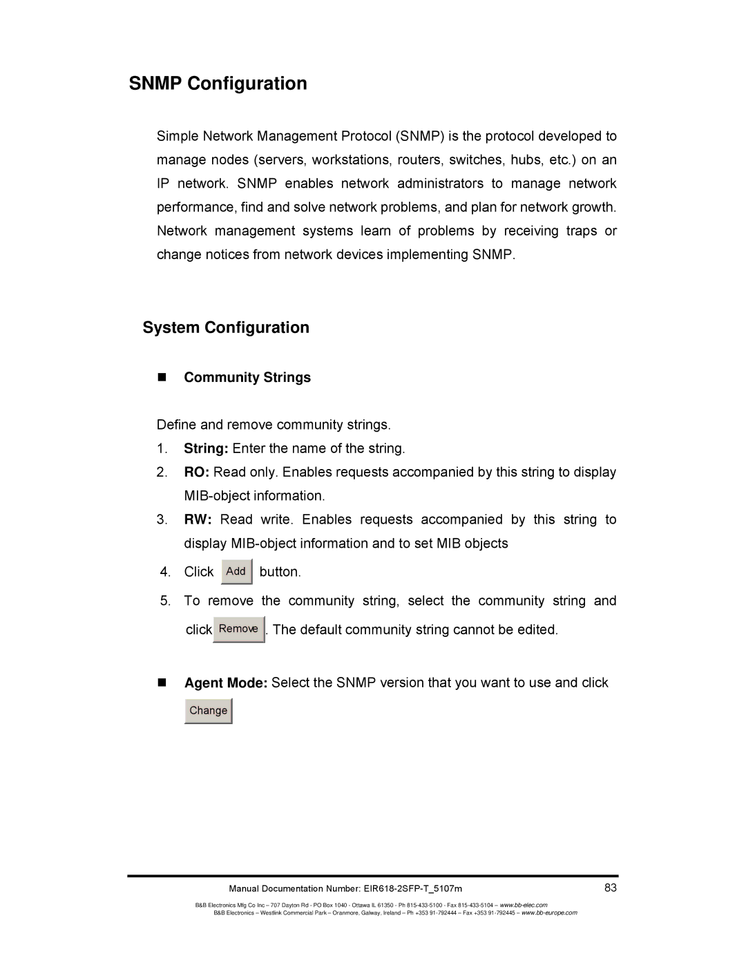 B&B Electronics EIR618-2SFP-T manual Snmp Configuration, System Configuration, „ Community Strings 