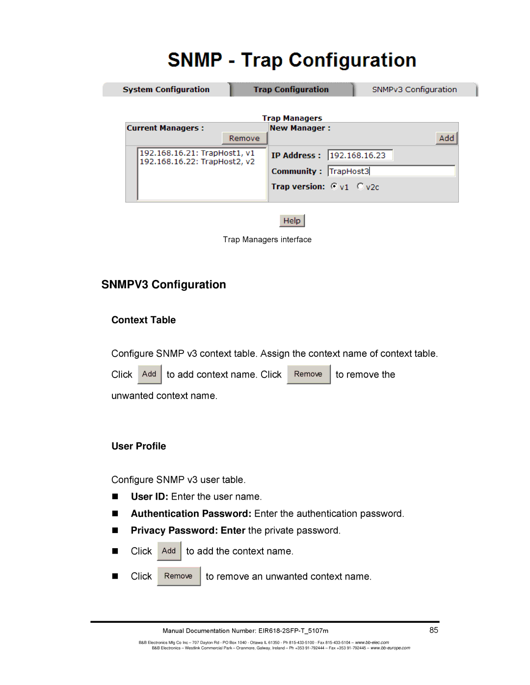 B&B Electronics EIR618-2SFP-T manual SNMPV3 Configuration, Context Table, User Profile 