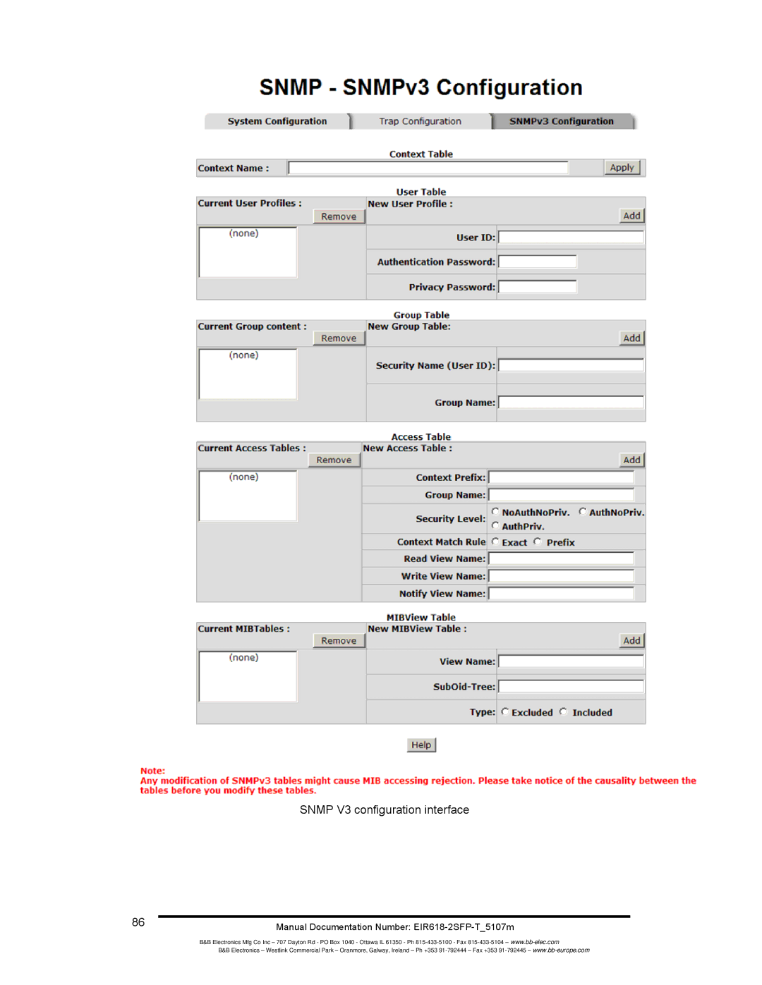 B&B Electronics EIR618-2SFP-T manual Snmp V3 configuration interface 