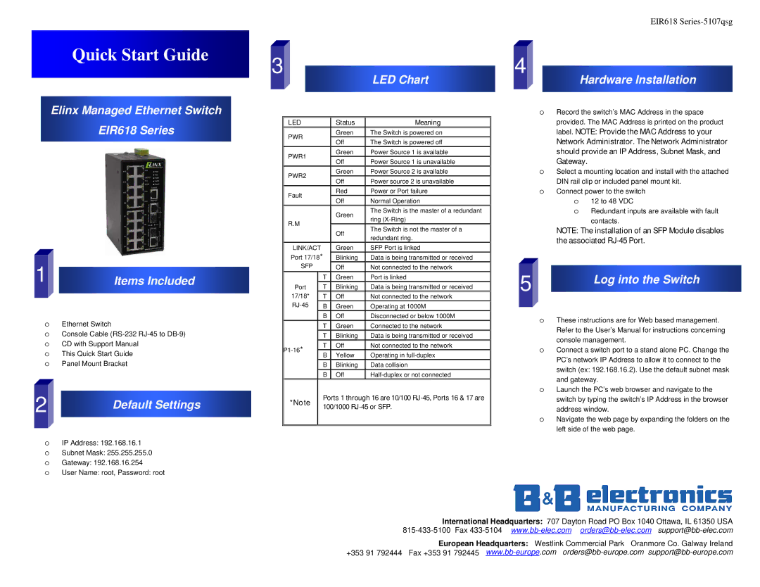 B&B Electronics quick start Elinx Managed Ethernet Switch EIR618 Series Items Included, Default Settings, LED Chart 