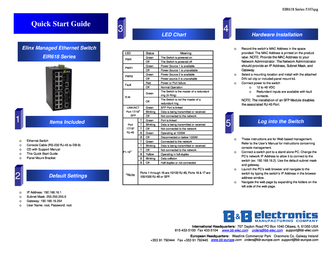 B&B Electronics quick start Elinx Managed Ethernet Switch EIR618 Series, Items Included, Default Settings, LED Chart 