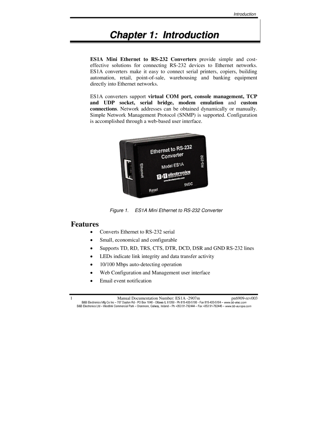 B&B Electronics ES1A manual Introduction, Features 