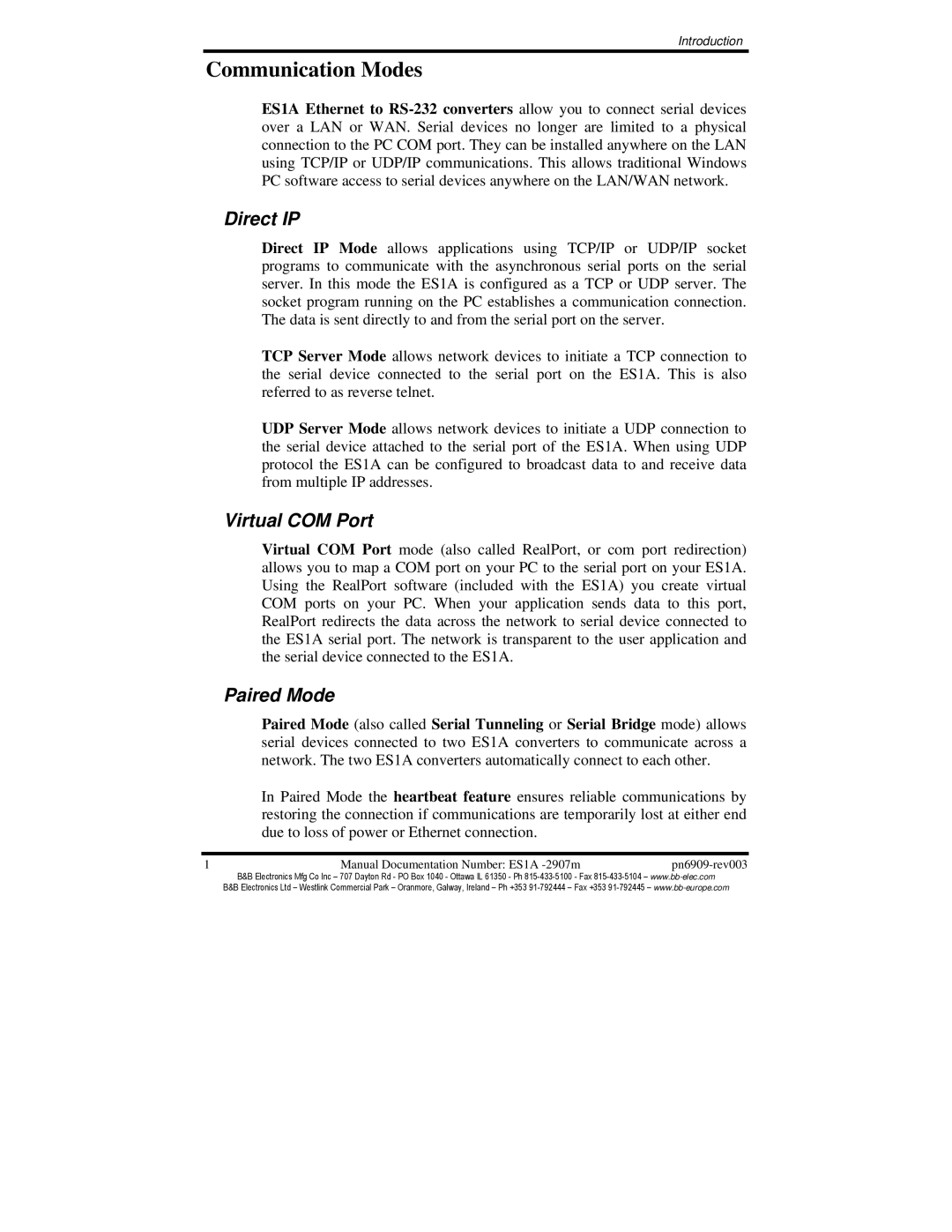 B&B Electronics ES1A manual Communication Modes, Direct IP, Virtual COM Port, Paired Mode 