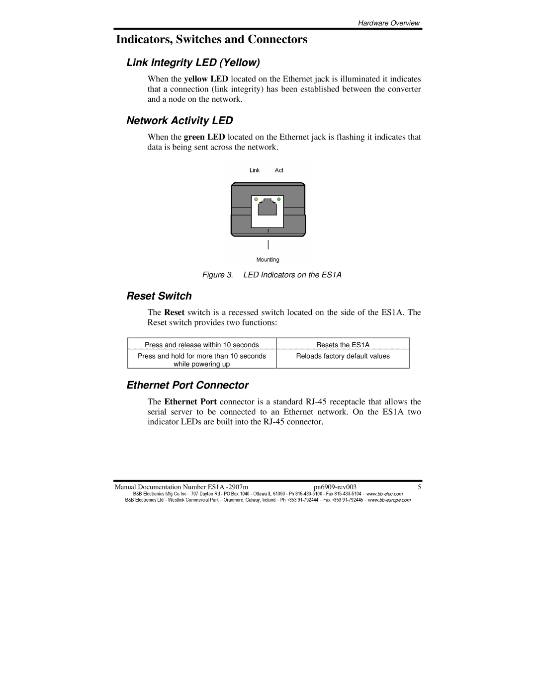 B&B Electronics ES1A Indicators, Switches and Connectors, Link Integrity LED Yellow, Network Activity LED, Reset Switch 