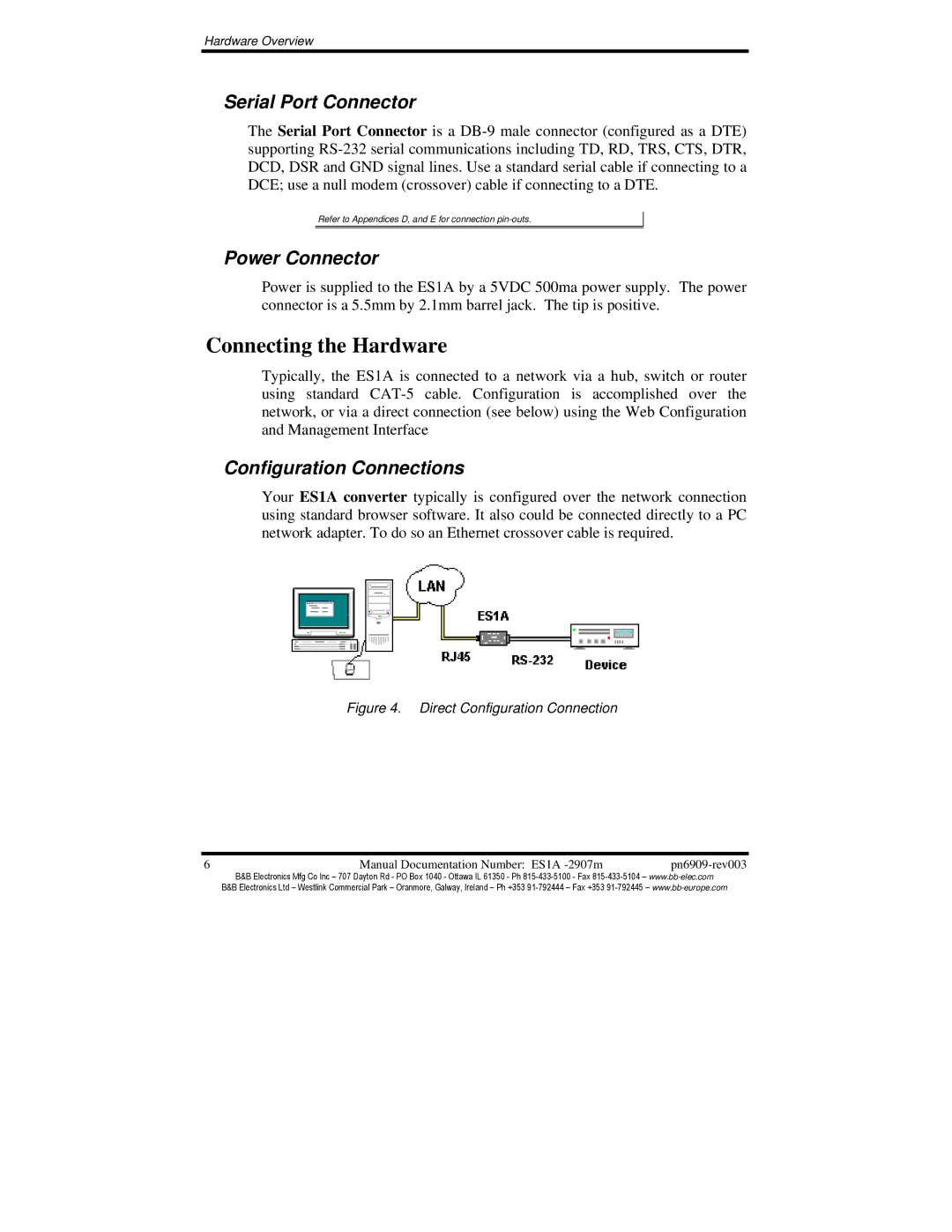 B&B Electronics ES1A manual Connecting the Hardware, Serial Port Connector, Power Connector, Configuration Connections 