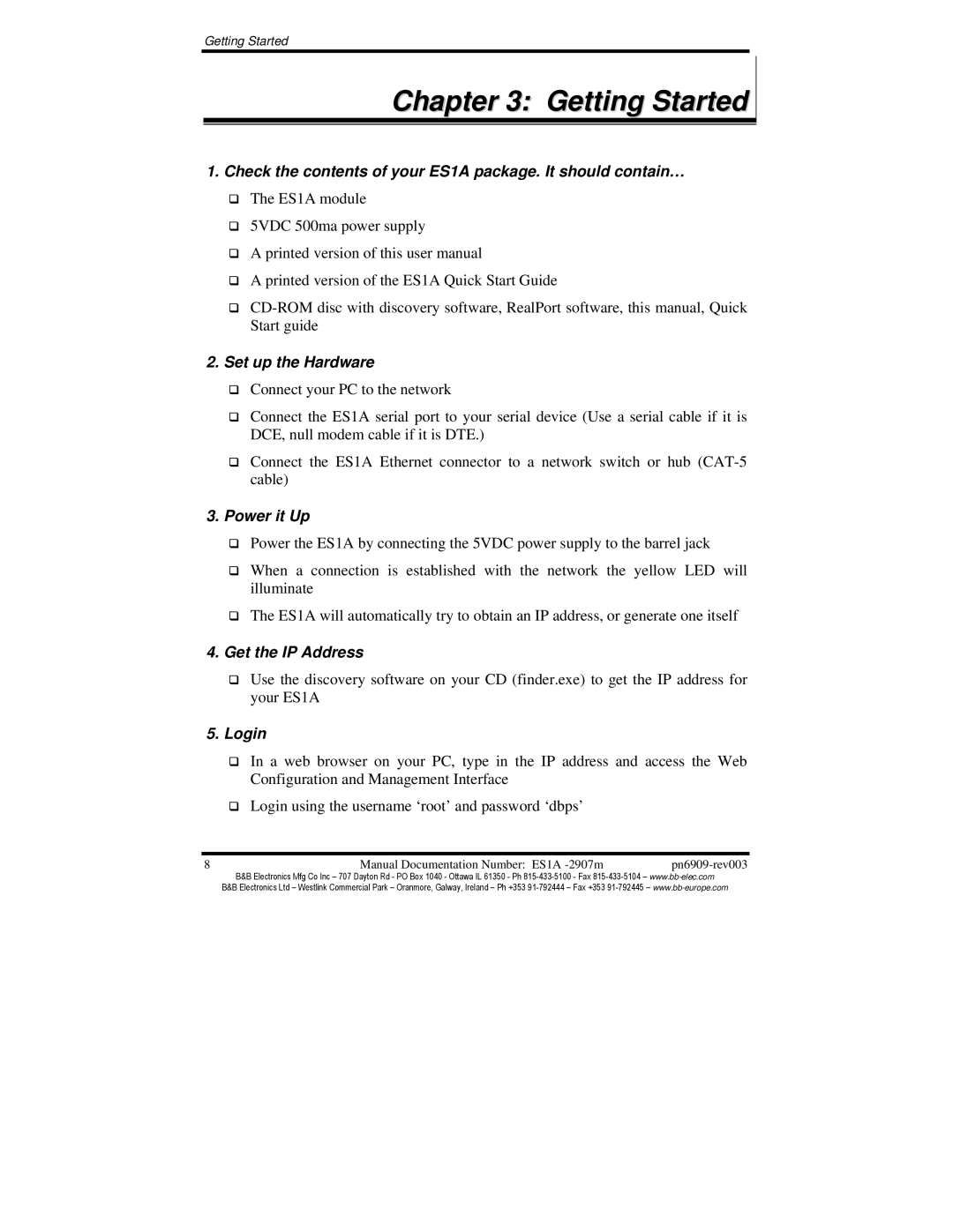 B&B Electronics manual Getting Started, Check the contents of your ES1A package. It should contain… 