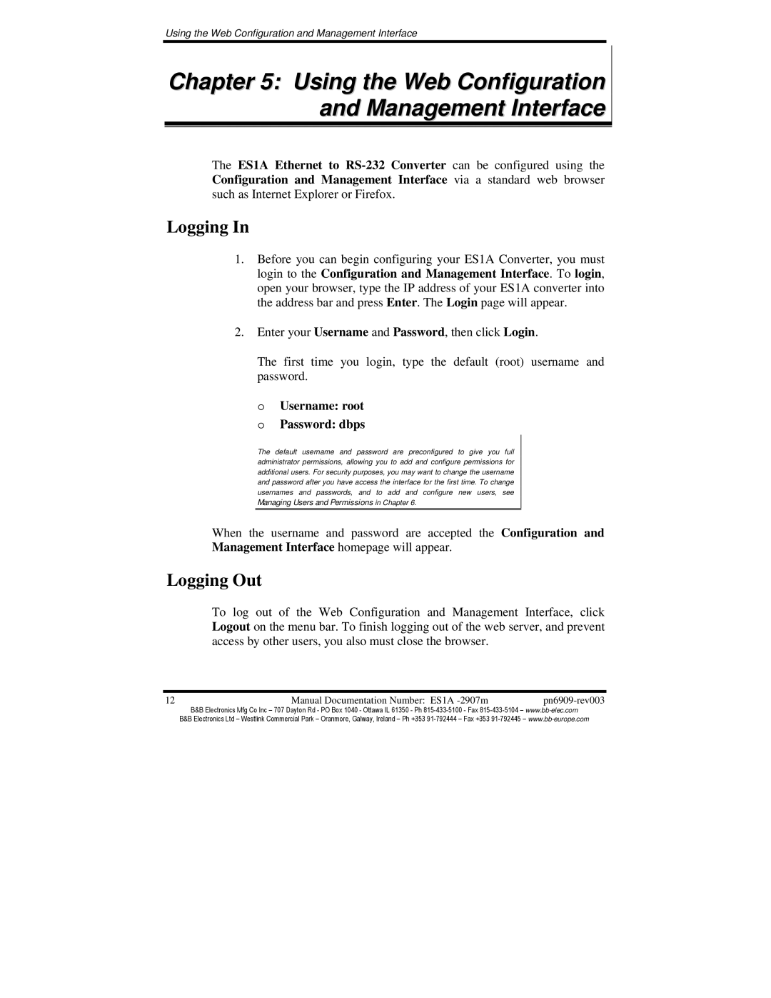 B&B Electronics ES1A manual Using the Web Configuration and Management Interface, Logging Out 