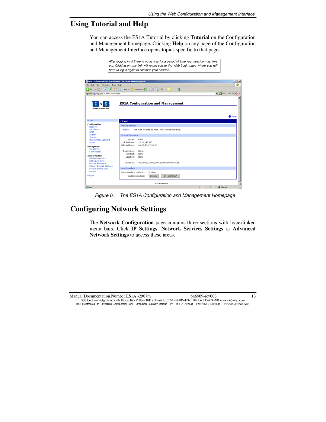 B&B Electronics ES1A manual Using Tutorial and Help, Configuring Network Settings 