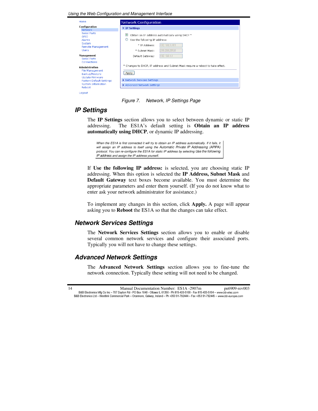 B&B Electronics ES1A manual IP Settings, Network Services Settings, Advanced Network Settings 