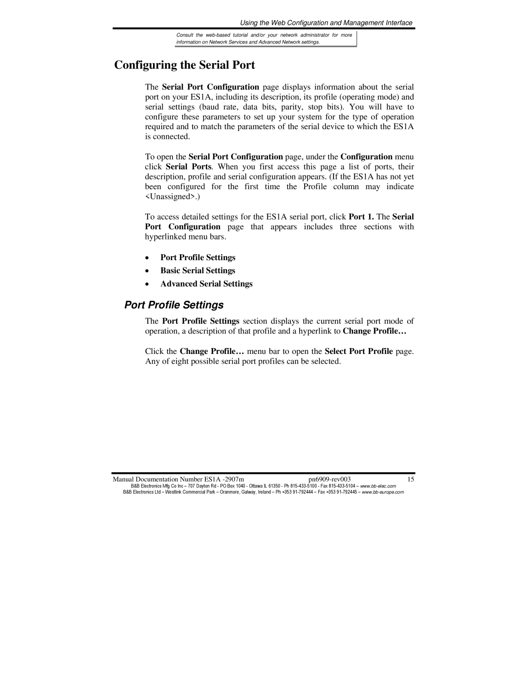 B&B Electronics ES1A manual Configuring the Serial Port, Port Profile Settings 